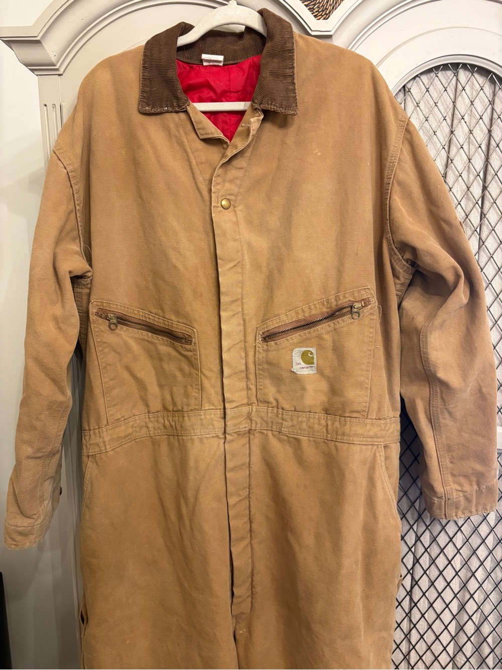 Vintage 1988 Carhartt Insulated Coveralls 52R Red Quilt Lined Distressed USA